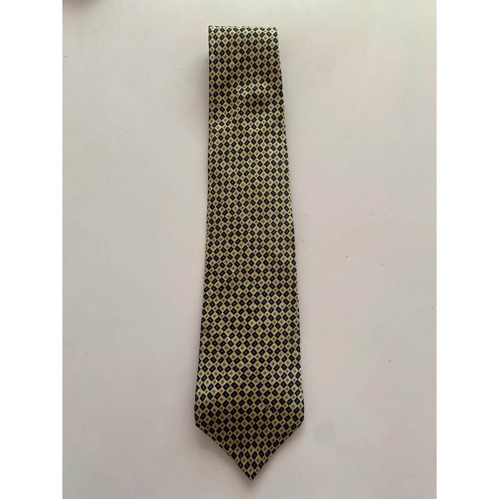 GAP Mens Silk Necktie Gold Navy Blue Geometric Diamond Pattern Made in USA